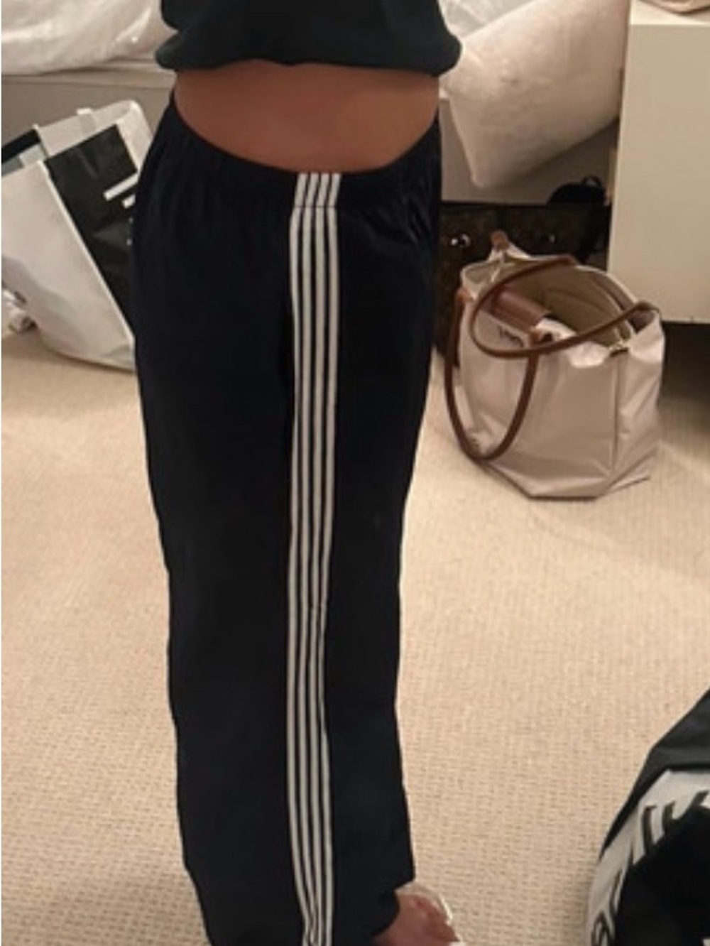 Edikted Navy Track Pants with Vertical White Stripes